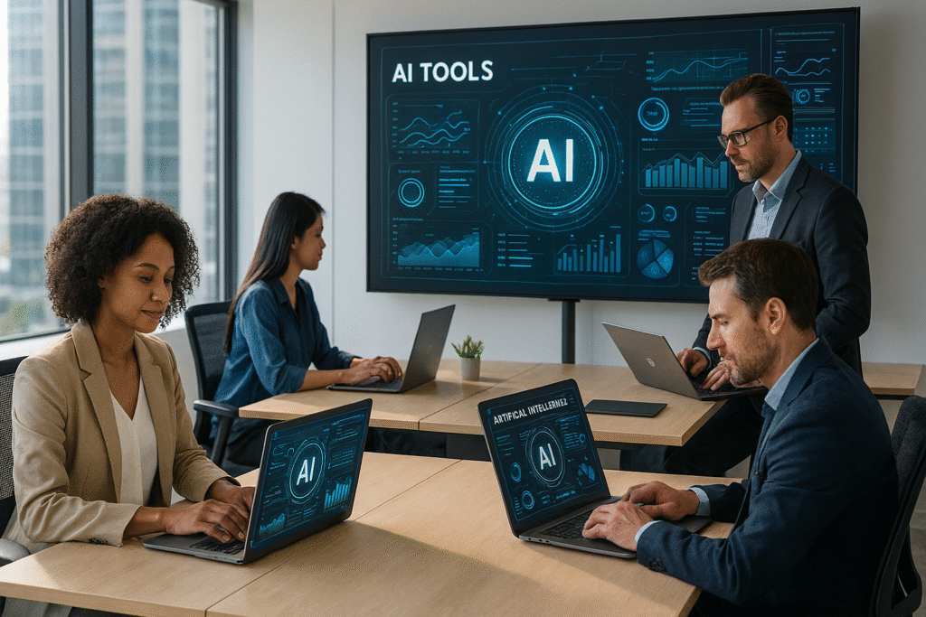 U.S. business team using AI tools to automate tasks and analyze data in 2025