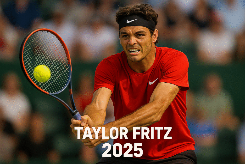 Taylor Fritz hits a powerful forehand return during a 2025 tennis match, eyes focused on the ball, wearing a red Nike shirt and black headband.