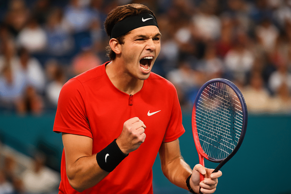 Taylor Fritz pumps his fist in celebration while wearing a red Nike shirt and black headband during a professional tennis match.