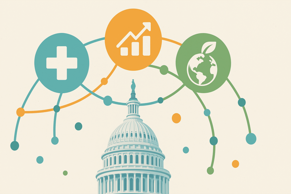 Healthcare, economy, and climate icons over the U.S. Capitol