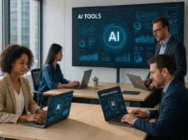 U.S. business team using AI tools to automate tasks and analyze data in 2025